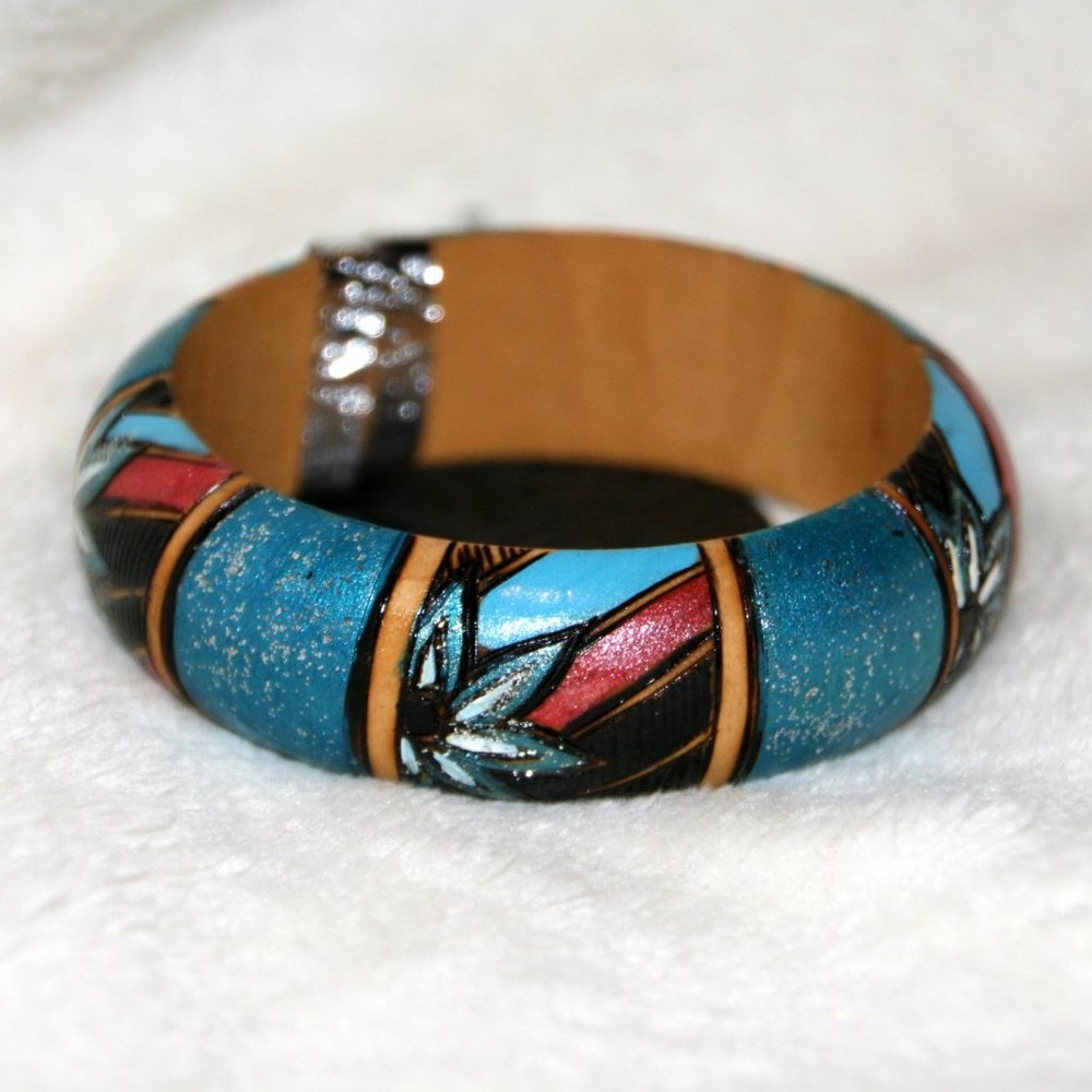 Wood-burned Turquoise Red Flower Bracelet
